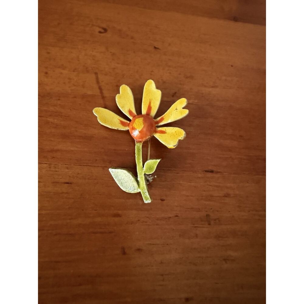 Vintage Hand Painted Flower Brooch Yellow Orange Enamel Floral Pin Signed